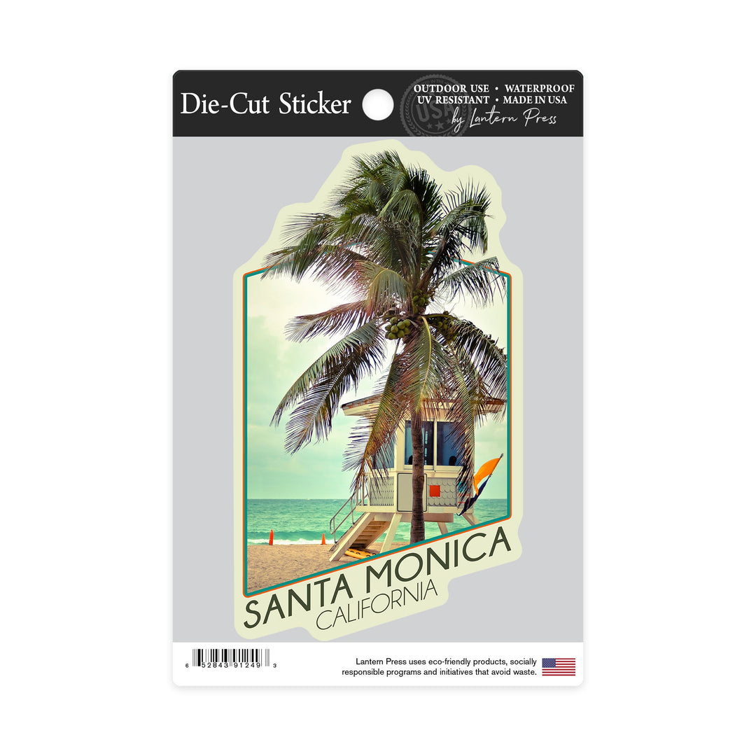 Santa Monica, California, Lifeguard Shack and Palm, Contour Sticker Lantern Press 