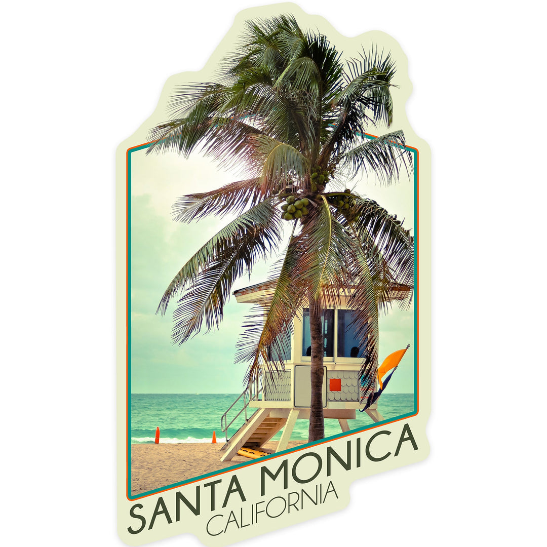 Santa Monica, California, Lifeguard Shack and Palm, Contour Sticker Lantern Press 