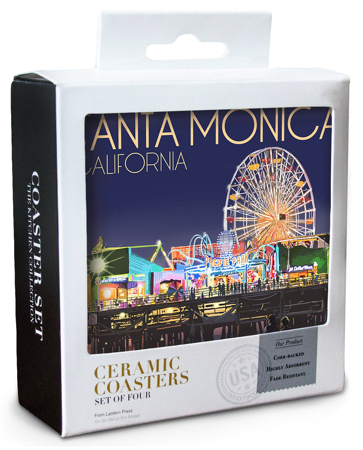 Santa Monica, California, Pier at Night, Lantern Press Artwork, Coaster Set Coasters Lantern Press 