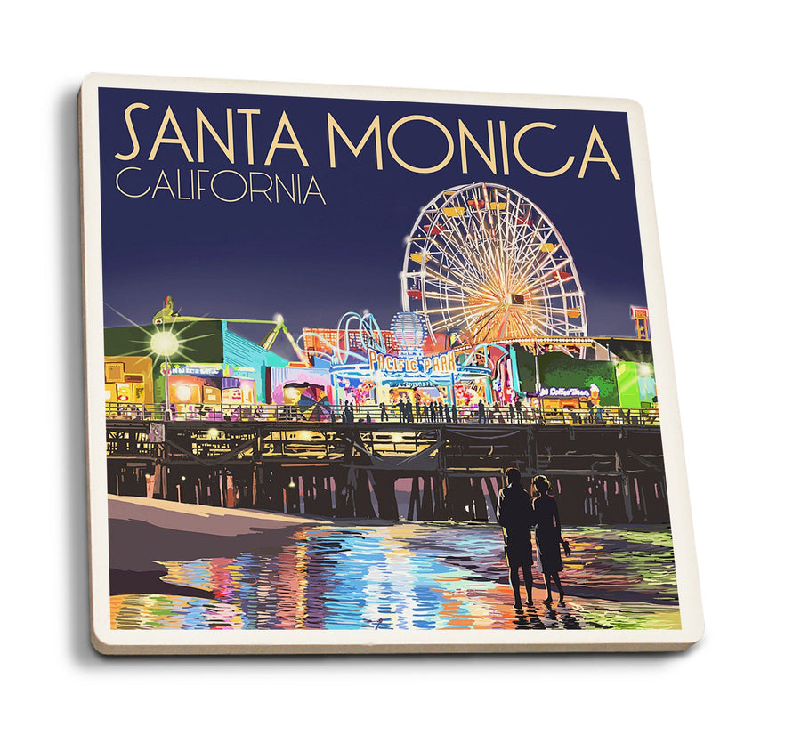 Santa Monica, California, Pier at Night, Lantern Press Artwork, Coaster Set Coasters Lantern Press 