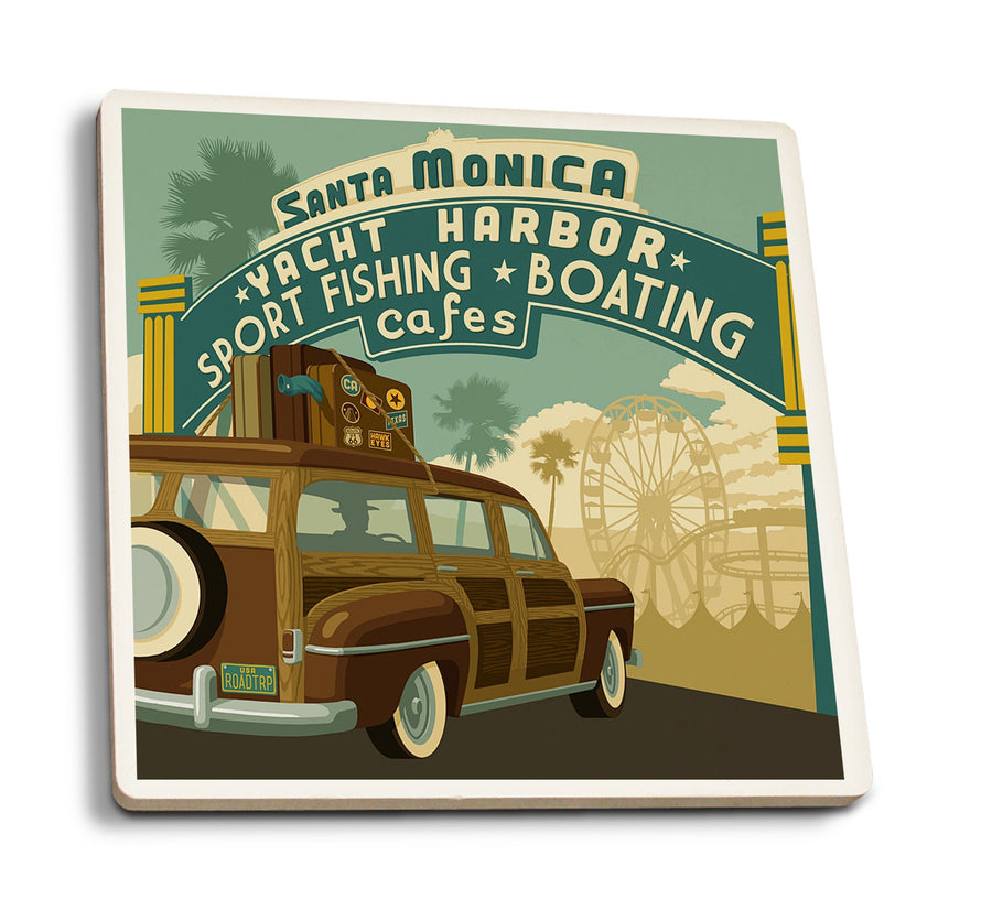 Santa Monica, California, Route 66, Pier Scene, Lantern Press Artwork, Coaster Set Coasters Lantern Press 