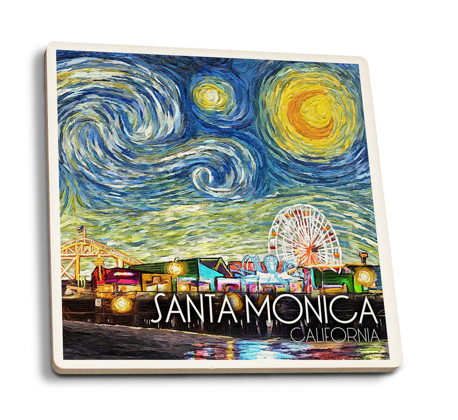 Santa Monica, California, Santa Monica Pier, Starry Night, Lantern Press Artwork, Coaster Set Coasters Lantern Press 