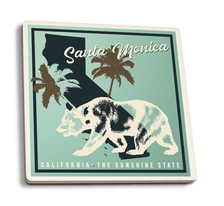 Santa Monica, California, State Bear on Blue, Lantern Press Artwork, Coaster Set Coasters Lantern Press 