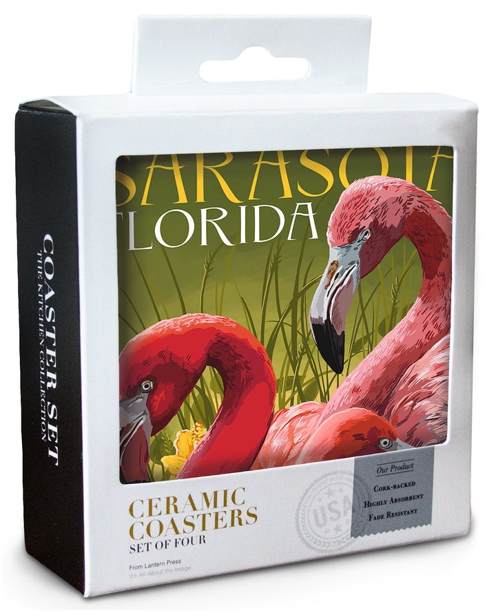 Sarasota, Florida, Flamingos, Lantern Press Artwork, Coaster Set Coasters Lantern Press 