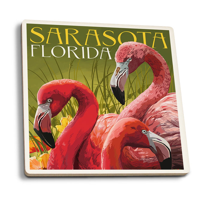 Sarasota, Florida, Flamingos, Lantern Press Artwork, Coaster Set Coasters Lantern Press 