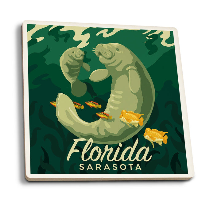 Sarasota, Florida, Manatee & Calf Swimming, Lantern Press Artwork, Coaster Set Coasters Lantern Press 