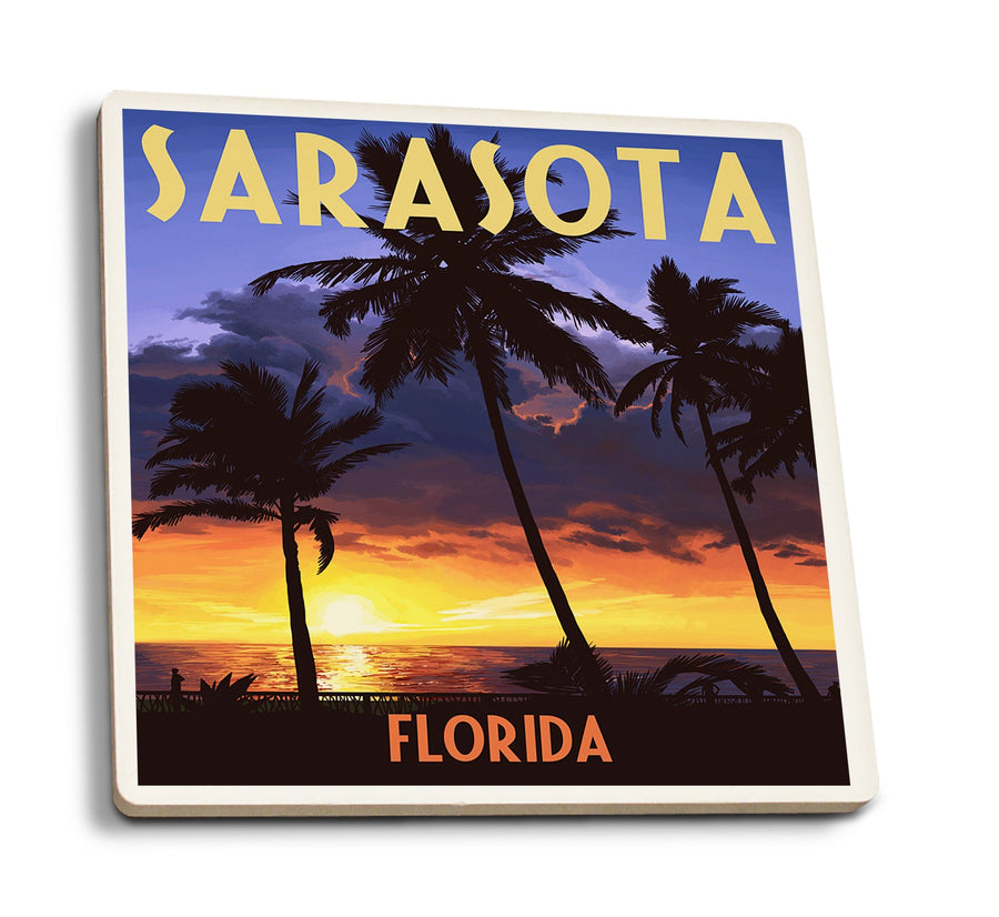 Sarasota, Florida, Palms & Sunset, Lantern Press Artwork, Coaster Set Coasters Lantern Press 