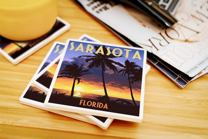 Sarasota, Florida, Palms & Sunset, Lantern Press Artwork, Coaster Set Coasters Lantern Press 