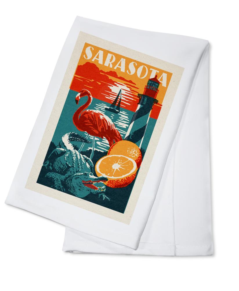 Sarasota, Florida, Woodblock, Lantern Press Artwork, Towels and Aprons Kitchen Lantern Press Cotton Towel 