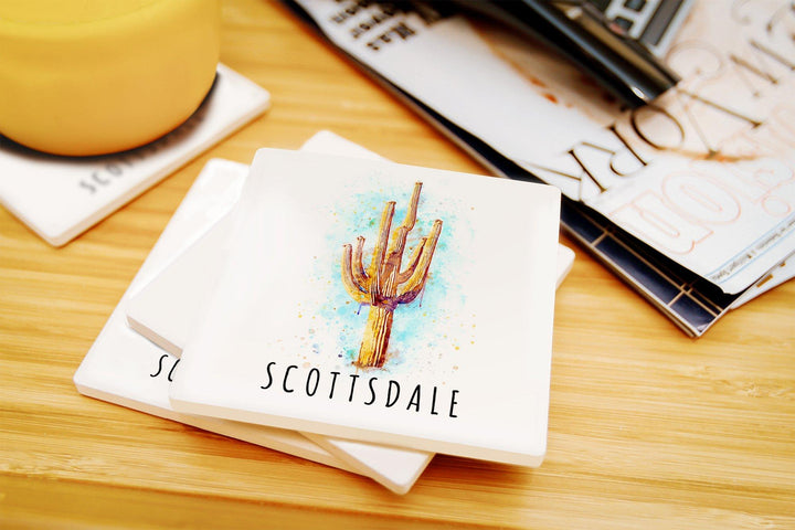 Scottsdale, Arizona, Saguaro Cactus, Watercolor, Contour, Lantern Press Artwork, Coaster Set Coasters Lantern Press 