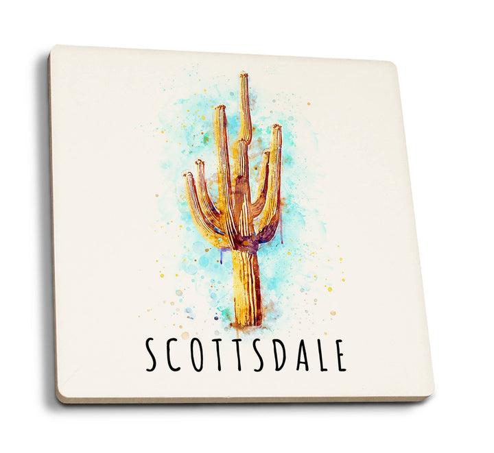Scottsdale, Arizona, Saguaro Cactus, Watercolor, Contour, Lantern Press Artwork, Coaster Set Coasters Lantern Press 