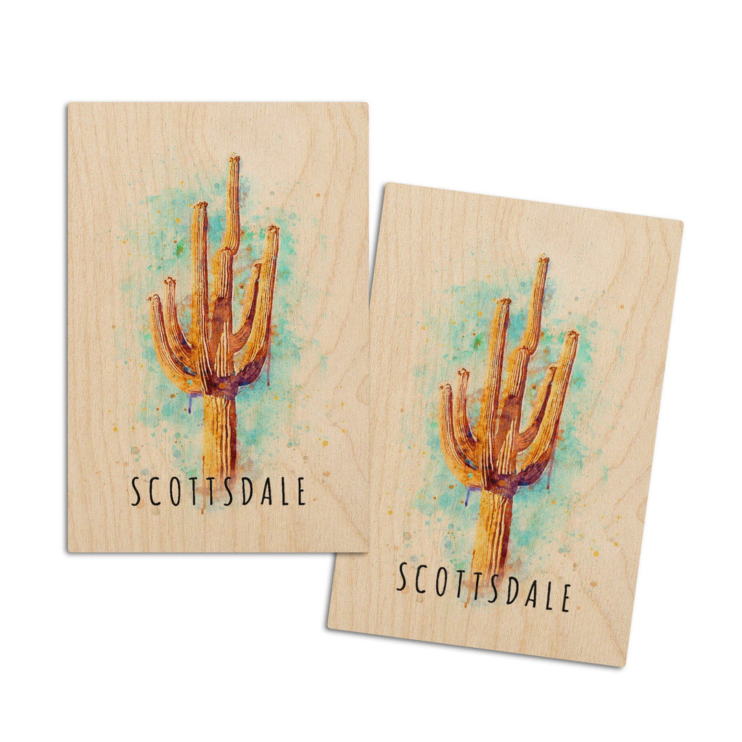 Scottsdale, Arizona, Saguaro Cactus, Watercolor, Contour, Lantern Press Artwork, Wood Signs and Postcards Wood Lantern Press 4x6 Wood Postcard Set 
