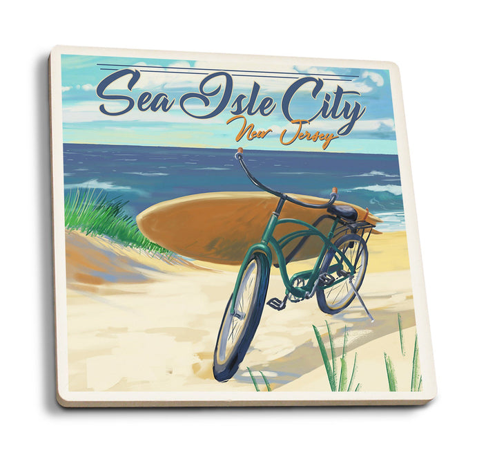 Sea Isle City, New Jersey, Beach Cruiser on Beach, Lantern Press Artwork, Coaster Set Coasters Lantern Press 