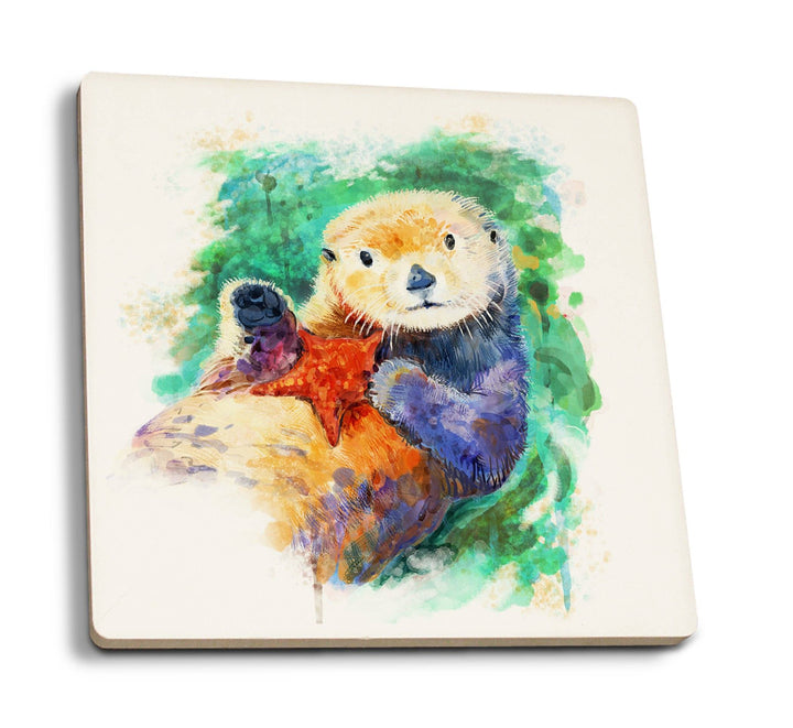 Sea Otter, Watercolor, Lantern Press Artwork, Coaster Set Coasters Lantern Press 
