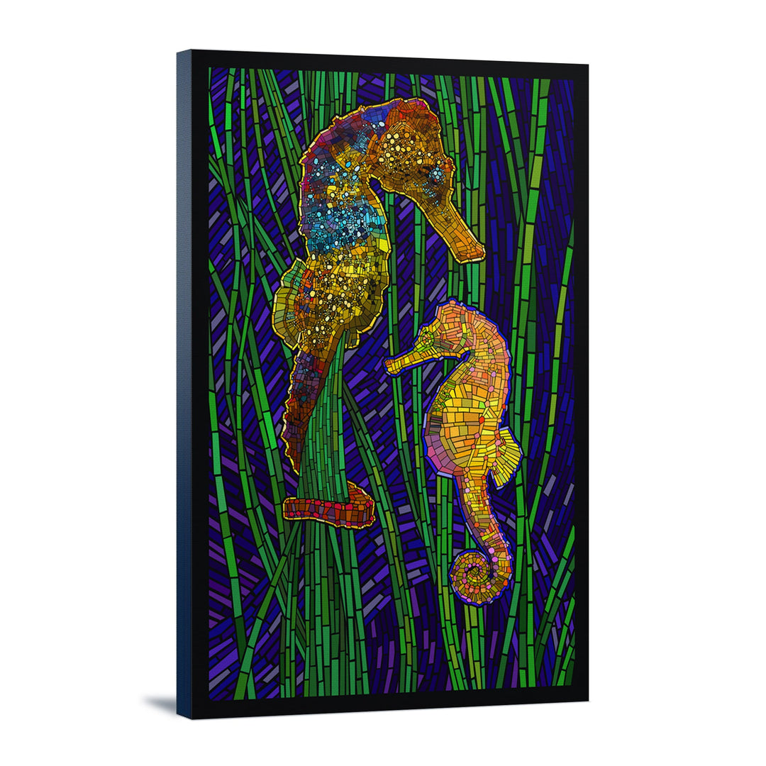 Seahorses, Paper Mosaic, Lantern Press Artwork, Stretched Canvas Canvas Lantern Press 12x18 Stretched Canvas 