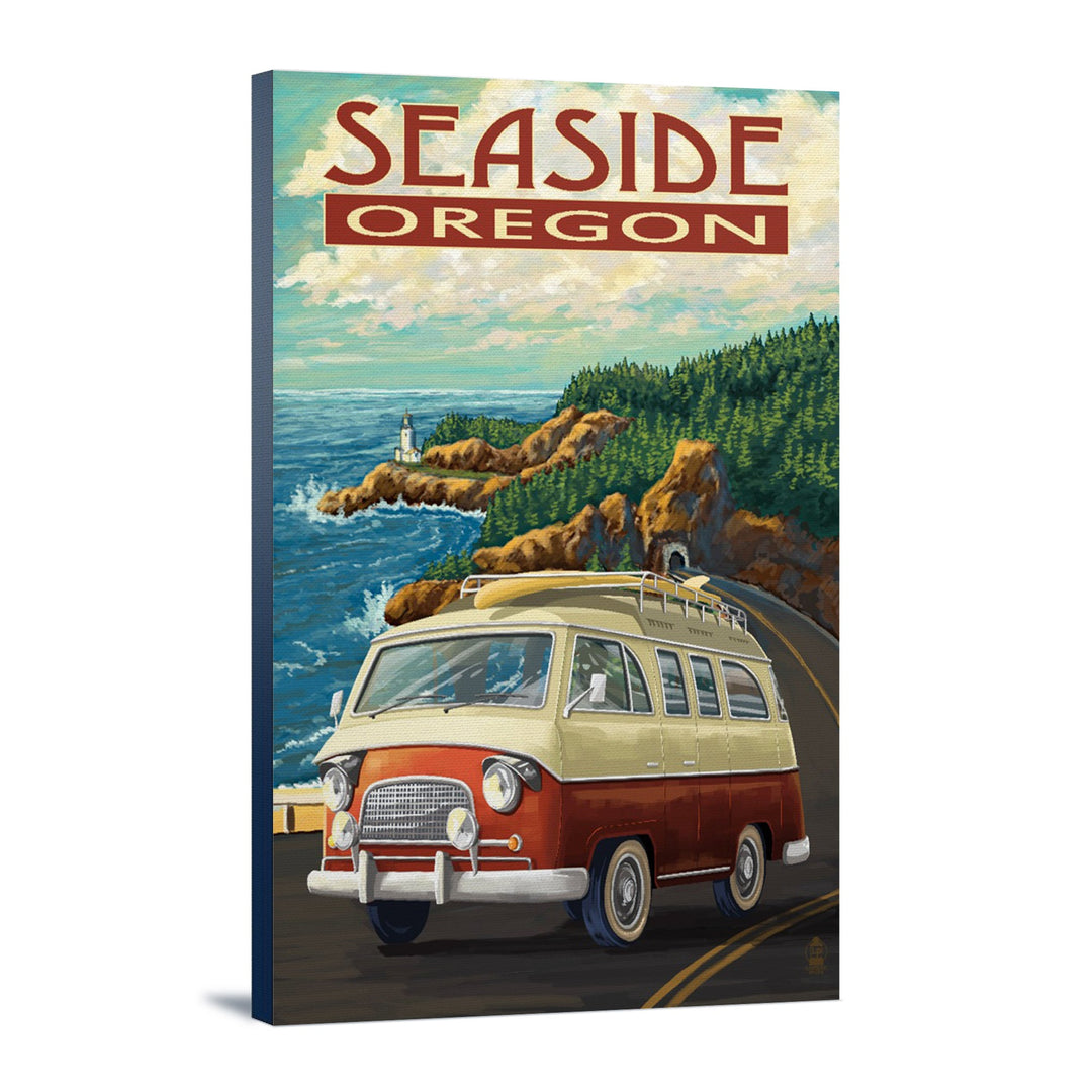 Seaside, Oregon, Camper Van, Lantern Press Artwork, Stretched Canvas Canvas Lantern Press 12x18 Stretched Canvas 