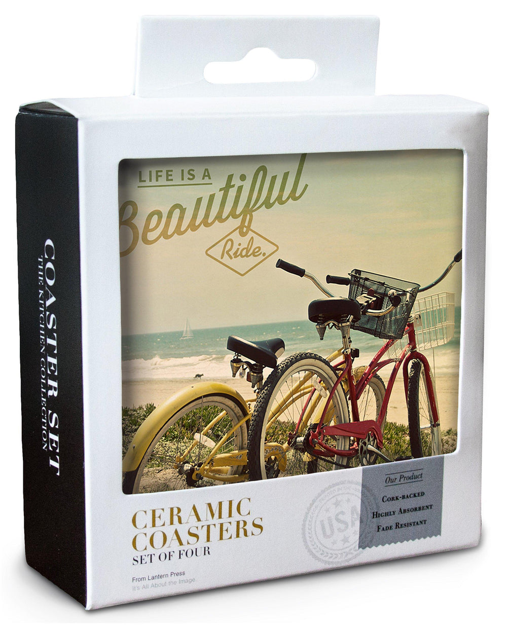 Seaside, Oregon, Life is a Beautiful Ride, Bicycles & Beach Scene, Photograph, Coaster Set Coasters Lantern Press 