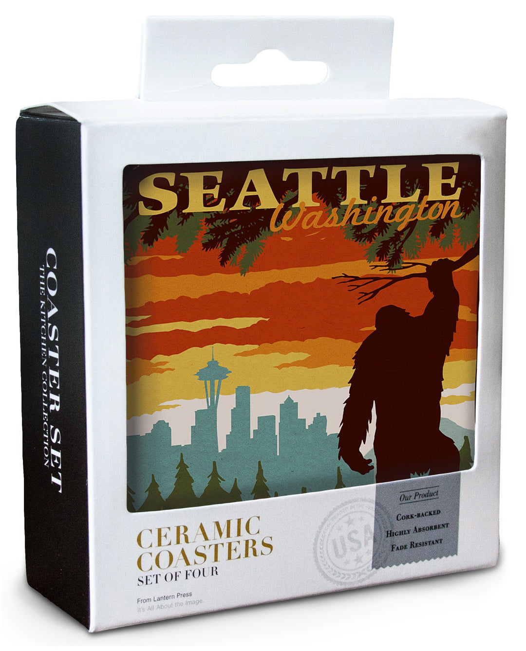 Seattle Skyline, Bigfoot, WPA Style, Lantern Press Artwork, Coaster Set Coasters Lantern Press 
