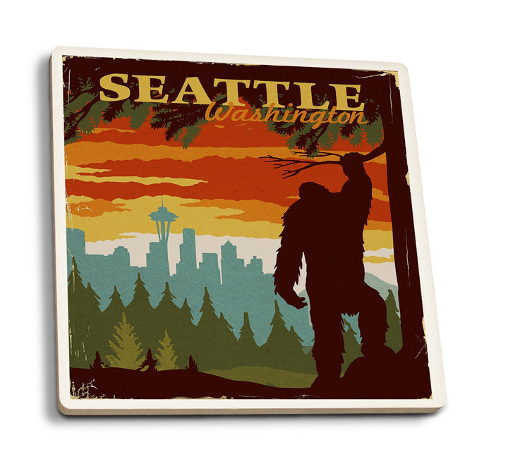 Seattle Skyline, Bigfoot, WPA Style, Lantern Press Artwork, Coaster Set Coasters Lantern Press 