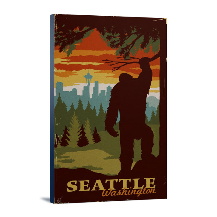 Seattle Skyline, Bigfoot, WPA Style, Lantern Press Artwork, Stretched Canvas Canvas Lantern Press 12x18 Stretched Canvas 