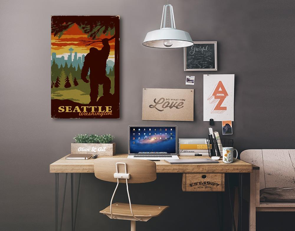 Seattle Skyline, Bigfoot, WPA Style, Lantern Press Artwork, Stretched Canvas Canvas Lantern Press 