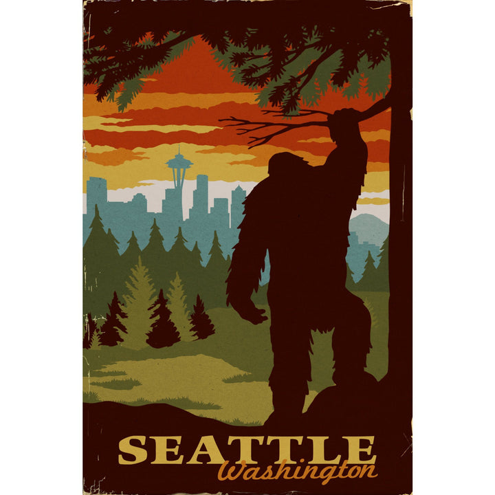 Seattle Skyline, Bigfoot, WPA Style, Lantern Press Artwork, Stretched Canvas Canvas Lantern Press 