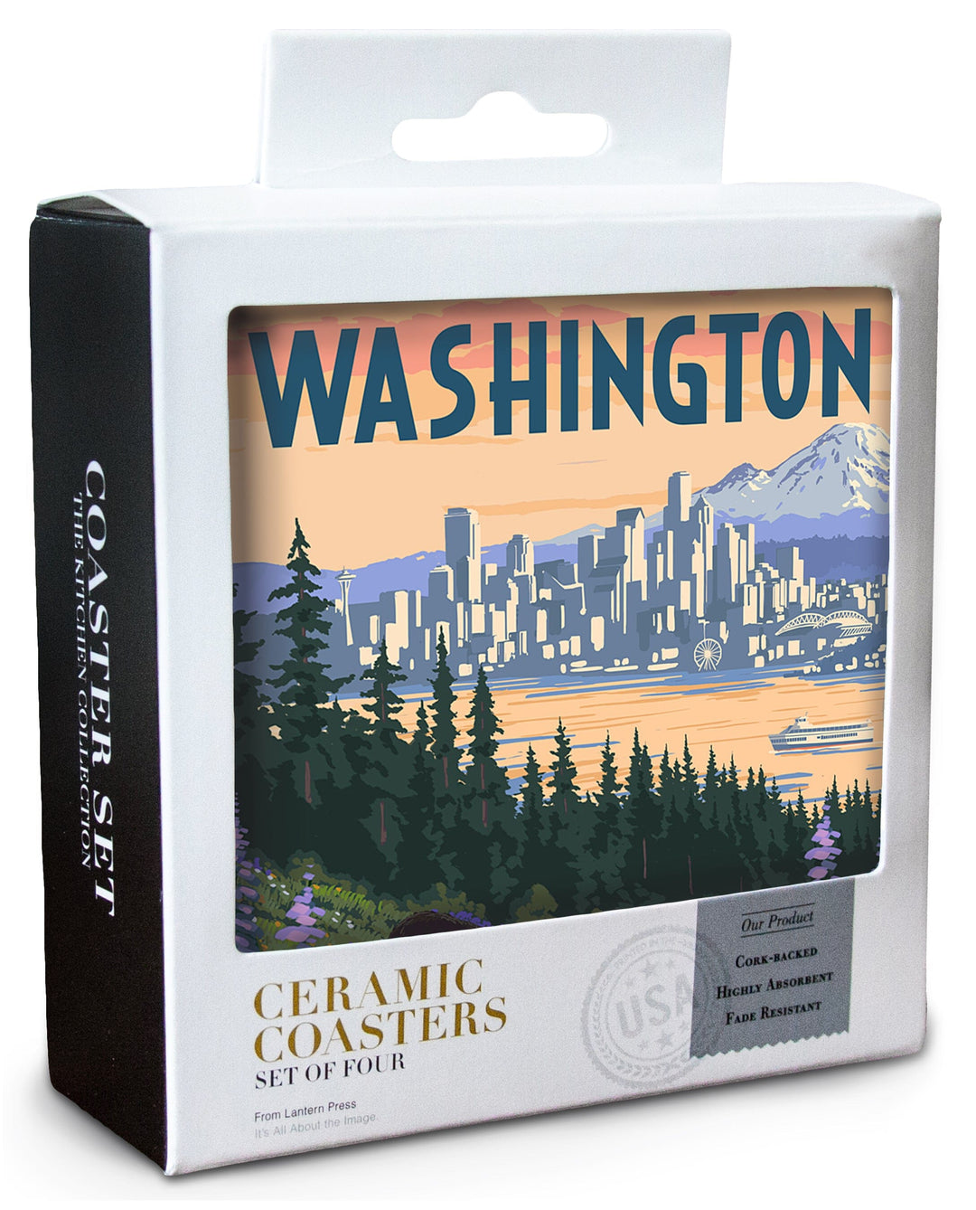 Seattle, Washington, Bear and Spring Flowers Coasters Lantern Press 