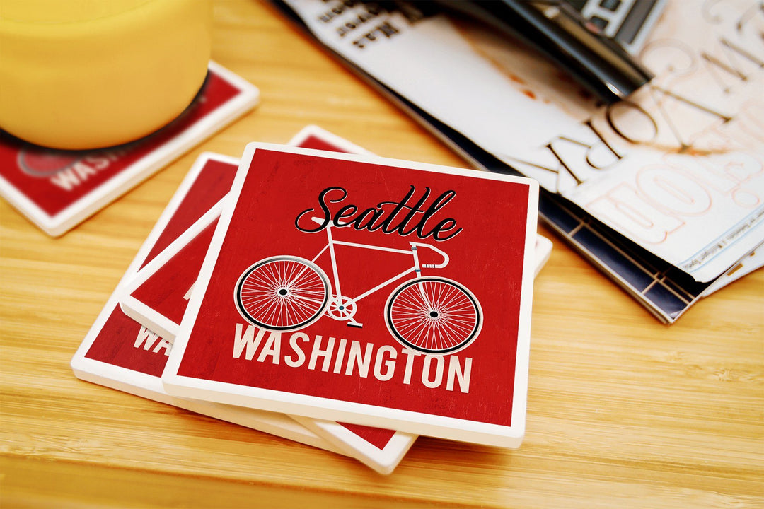 Seattle, Washington, Bike, Script Screenprint Style, Contour, Lantern Press Artwork, Coaster Set Coasters Lantern Press 