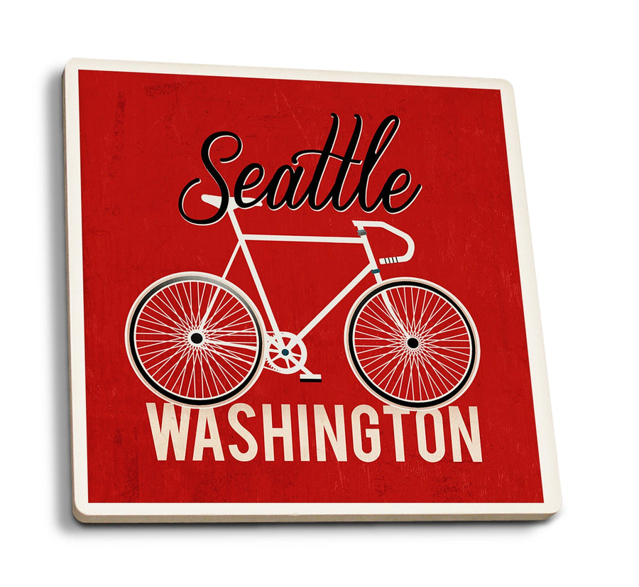 Seattle, Washington, Bike, Script Screenprint Style, Contour, Lantern Press Artwork, Coaster Set Coasters Lantern Press 