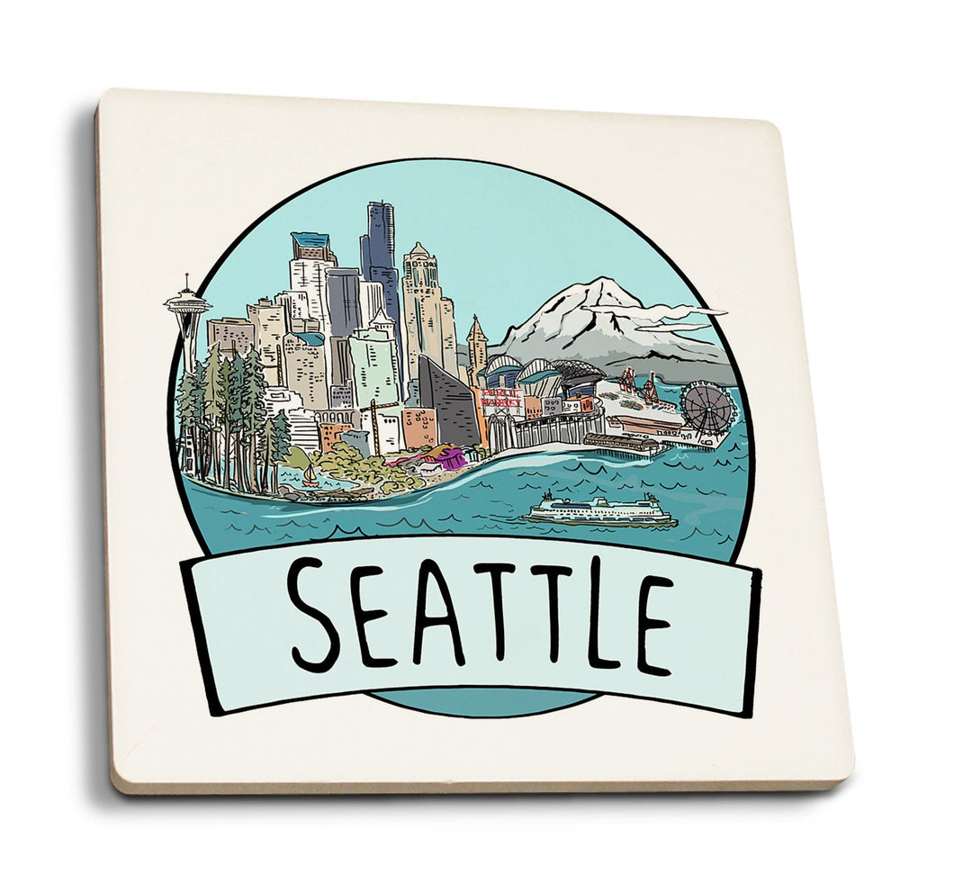 Seattle, Washington, Cityscape, Line Drawing, Contour, Lantern Press Artwork, Coaster Set Coasters Lantern Press 