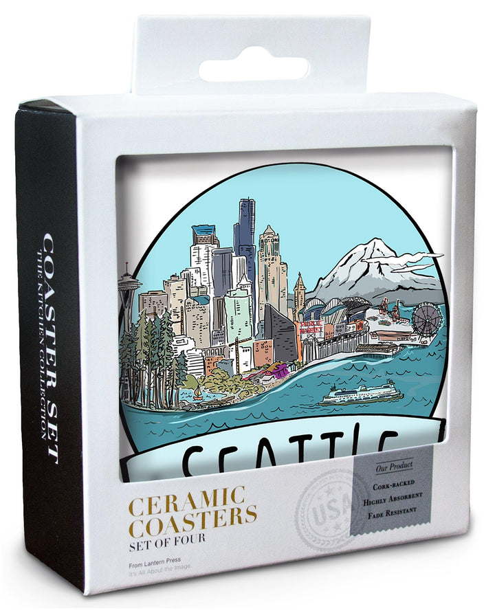 Seattle, Washington, Cityscape, Line Drawing, Contour, Lantern Press Artwork, Coaster Set Coasters Lantern Press 