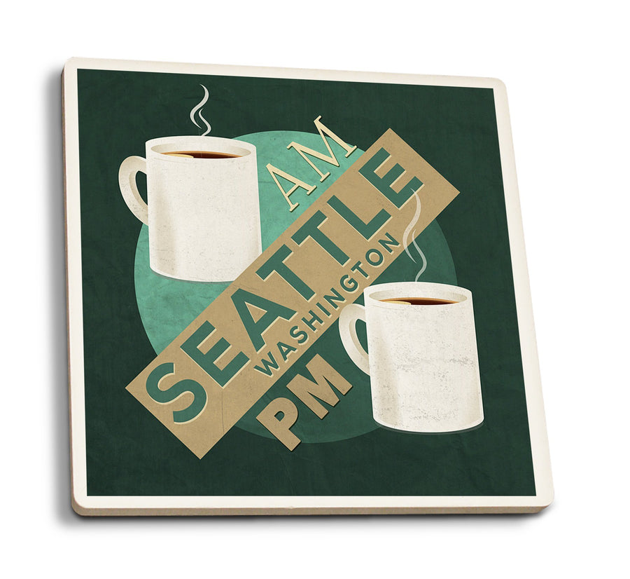 Seattle, Washington, Coffee AM, Coffee PM, Contour, Lantern Press Artwork, Coaster Set Coasters Lantern Press 