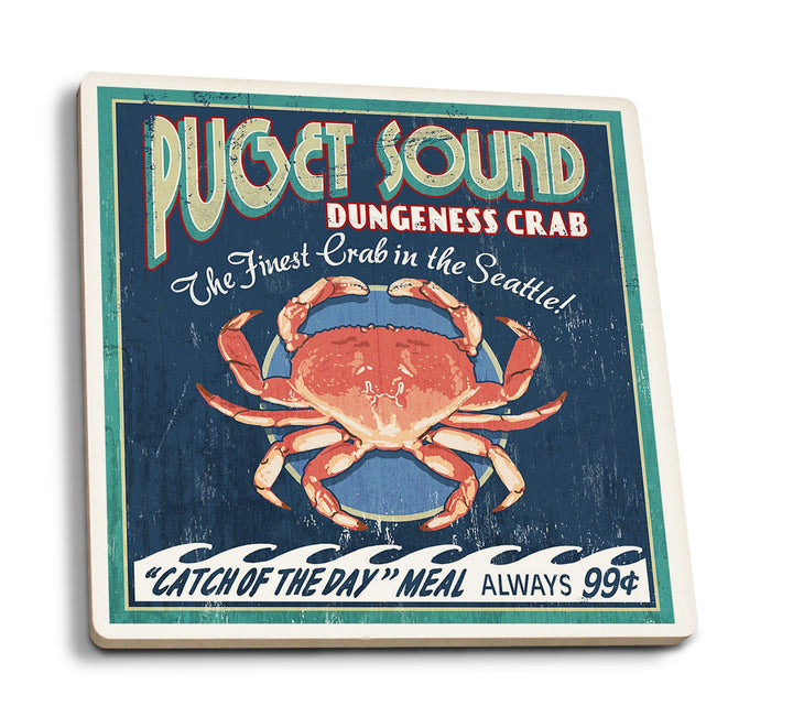 Seattle, Washington, Dungeness Crab Vintage Sign, Lantern Press Artwork, Coaster Set Coasters Lantern Press 