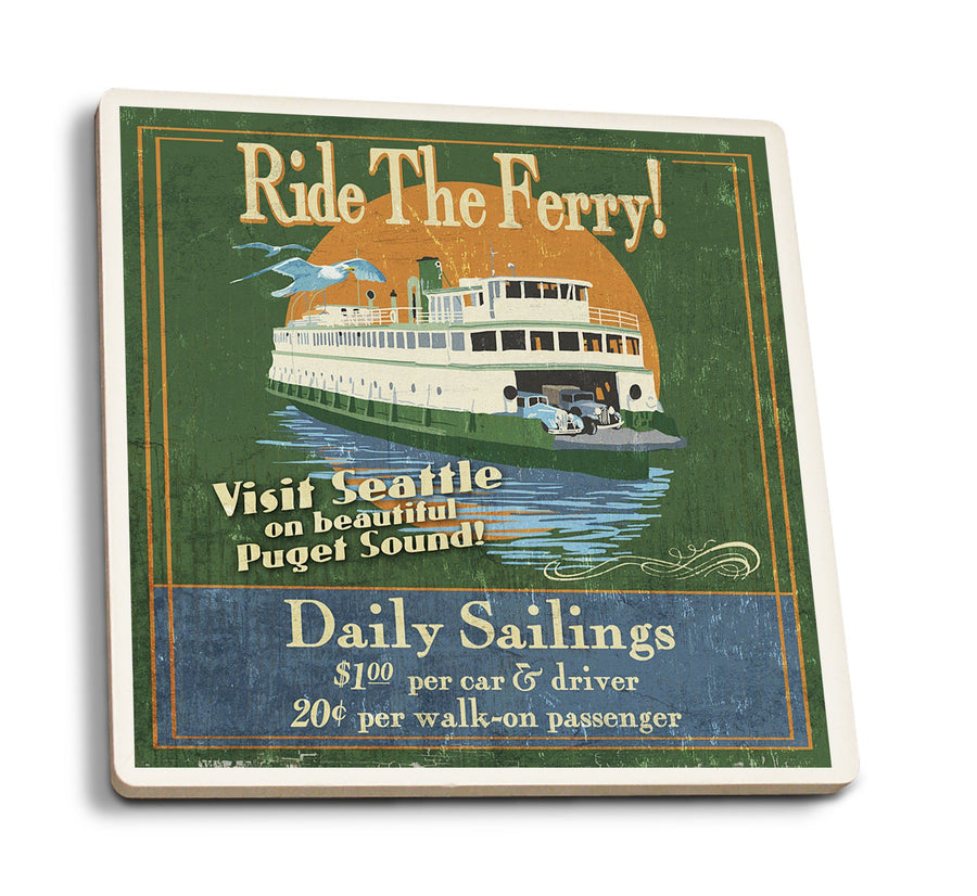 Seattle, Washington, Ferry Vintage Sign, Lantern Press Artwork, Coaster Set Coasters Lantern Press 