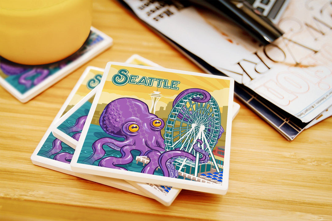 Seattle, Washington, Giant Octopus, Lantern Press Artwork, Coaster Set Coasters Lantern Press 