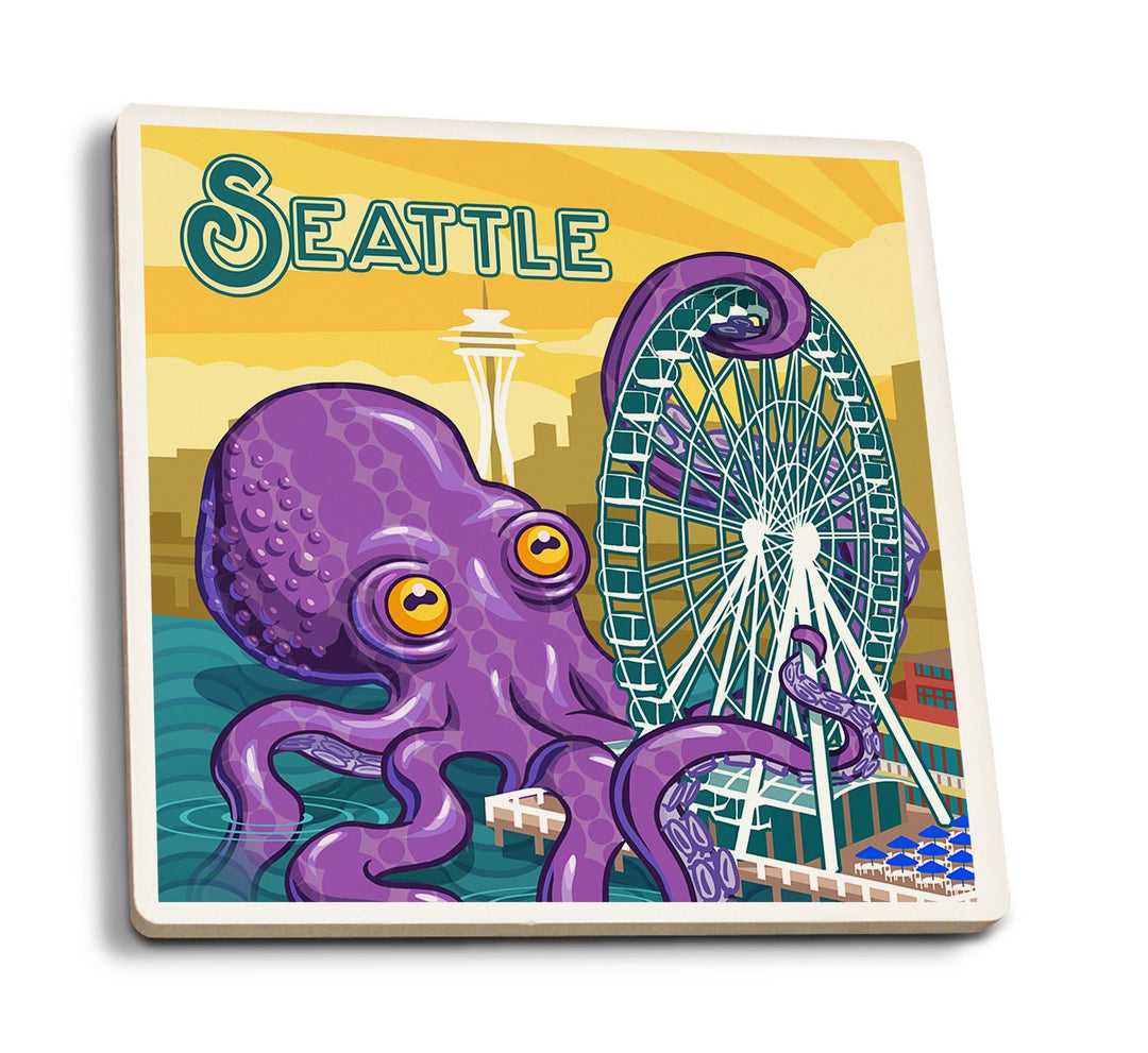 Seattle, Washington, Giant Octopus, Lantern Press Artwork, Coaster Set Coasters Lantern Press 