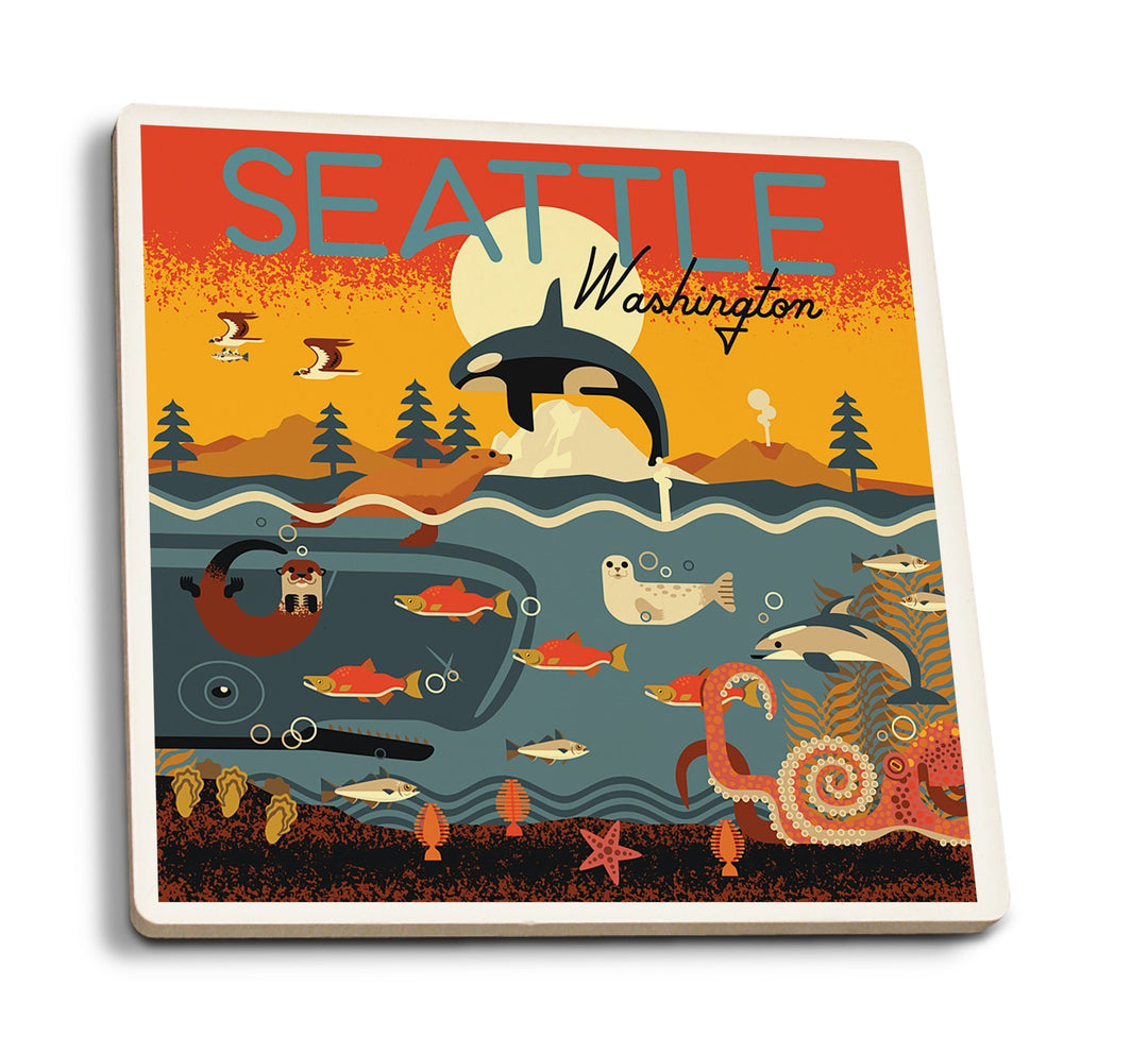 Seattle, Washington, Marine Animals, Geometric, Lantern Press Artwork, Coaster Set Coasters Lantern Press 