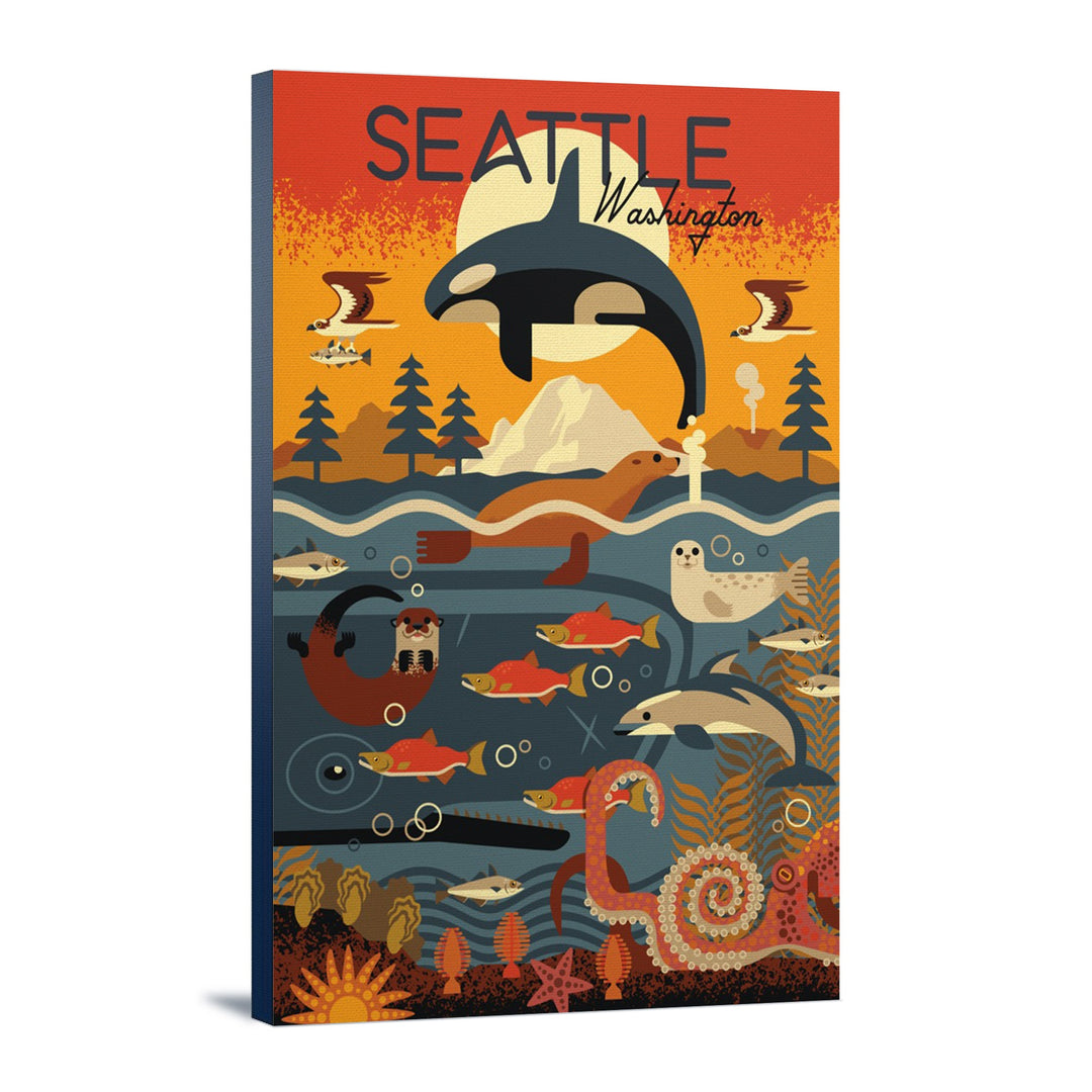 Seattle, Washington, Marine Animals, Geometric, Lantern Press Artwork, Stretched Canvas Canvas Lantern Press 12x18 Stretched Canvas 