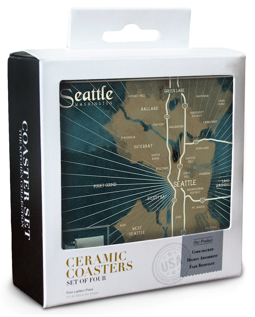 Seattle, Washington, Nautical Map, Lantern Press Artwork, Coaster Set Coasters Lantern Press 