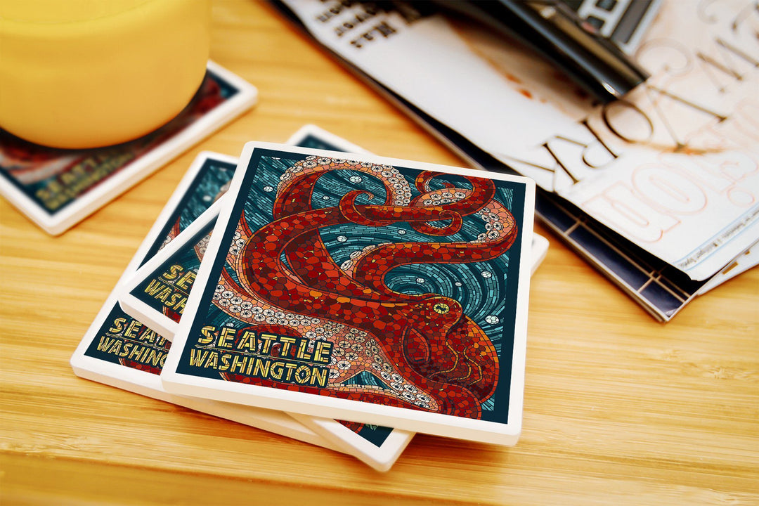 Seattle, Washington, Octopus Mosaic, Lantern Press Artwork, Coaster Set Coasters Lantern Press 
