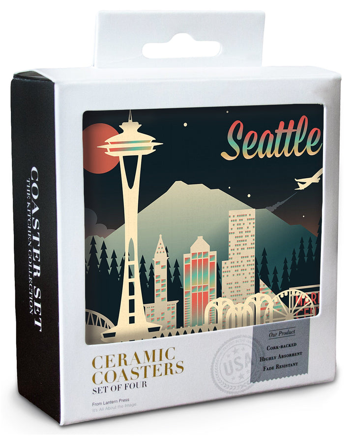 Seattle, Washington, Retro Skyline Chromatic Series, Lantern Press Artwork, Coaster Set Coasters Lantern Press 