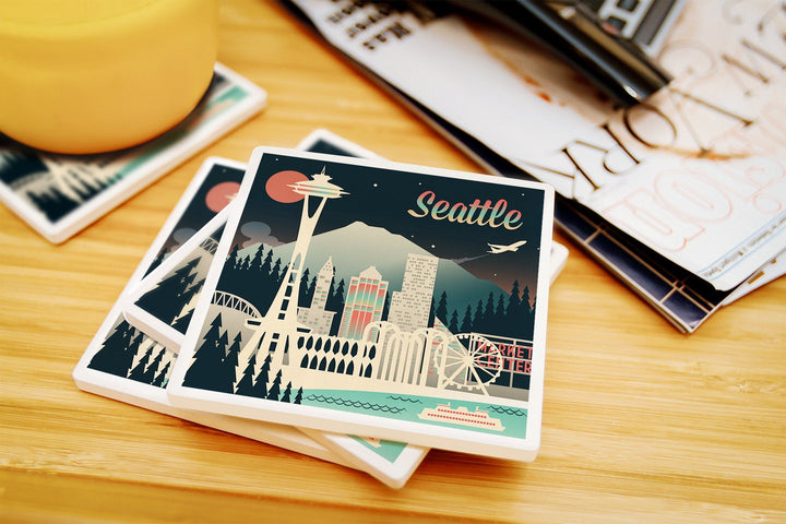 Seattle, Washington, Retro Skyline Chromatic Series, Lantern Press Artwork, Coaster Set Coasters Lantern Press 