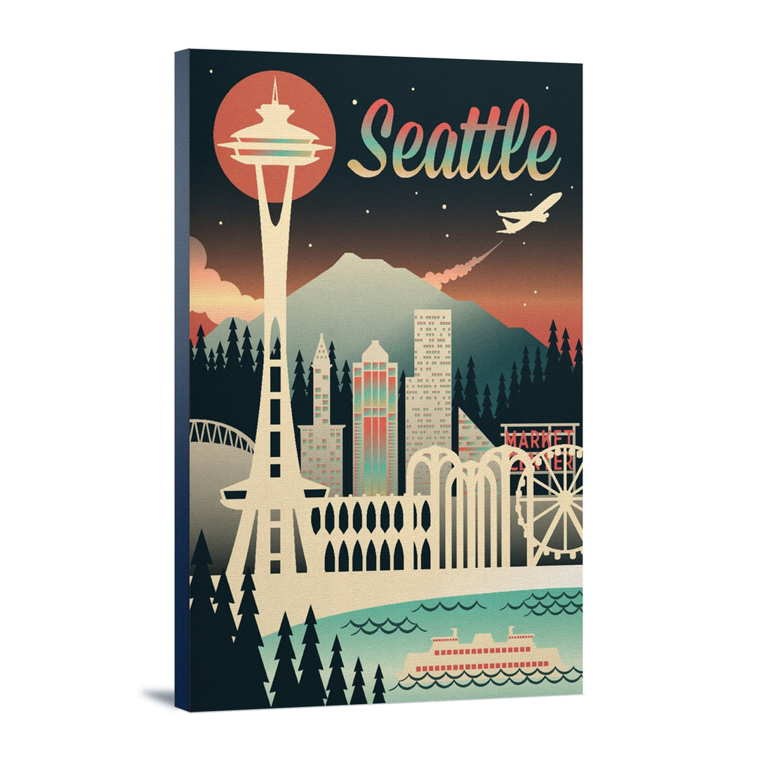 Seattle, Washington, Retro Skyline Chromatic Series, Lantern Press Artwork, Stretched Canvas Canvas Lantern Press 12x18 Stretched Canvas 