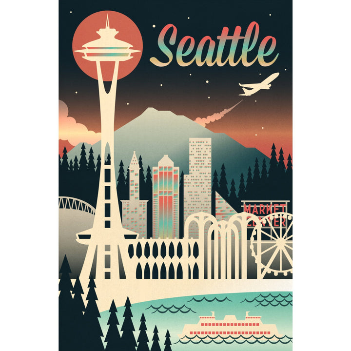 Seattle, Washington, Retro Skyline Chromatic Series, Lantern Press Artwork, Stretched Canvas Canvas Lantern Press 