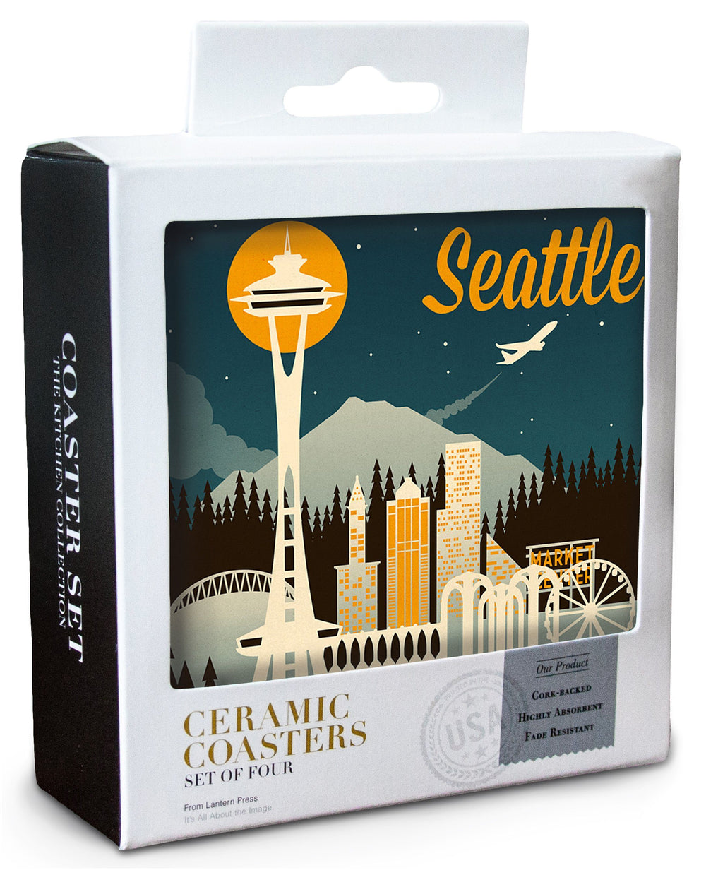 Seattle, Washington, Retro Skyline, Lantern Press Artwork, Coaster Set Coasters Lantern Press 