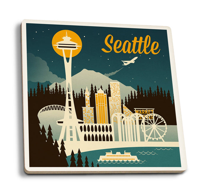 Seattle, Washington, Retro Skyline, Lantern Press Artwork, Coaster Set Coasters Lantern Press 