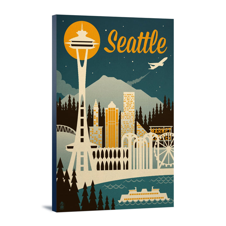 Seattle, Washington, Retro Skyline, Lantern Press Artwork, Stretched Canvas Canvas Lantern Press 12x18 Stretched Canvas 