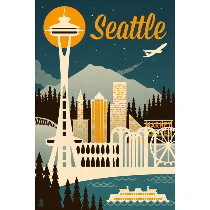 Seattle, Washington, Retro Skyline, Lantern Press Artwork, Stretched Canvas Canvas Lantern Press 