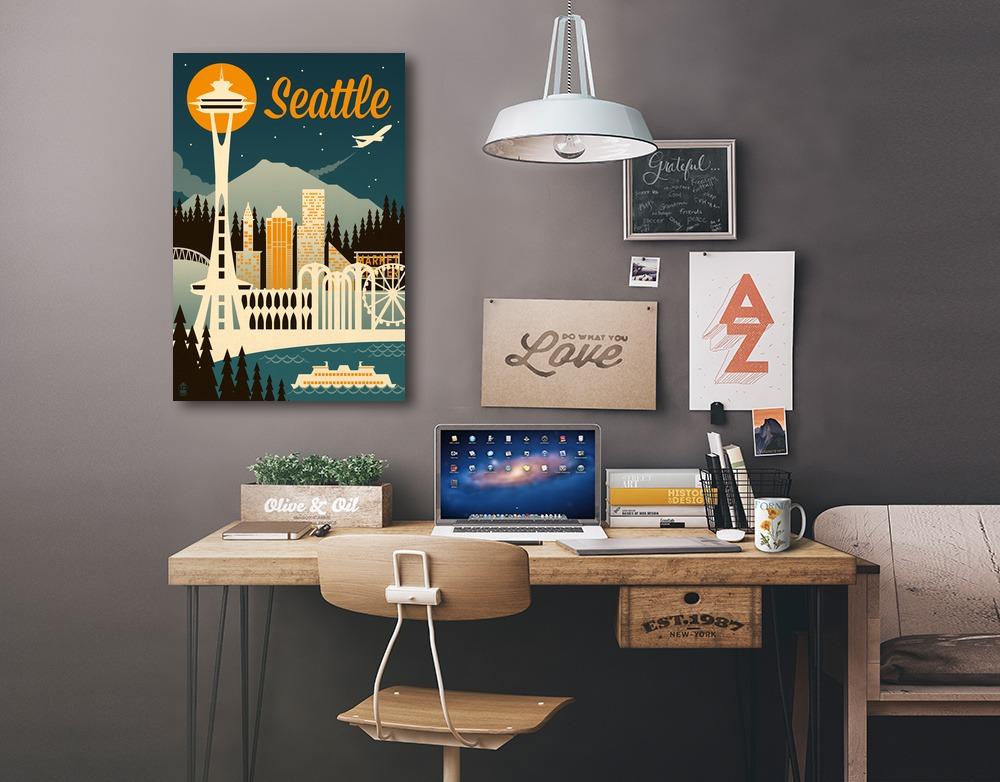 Seattle, Washington, Retro Skyline, Lantern Press Artwork, Stretched Canvas Canvas Lantern Press 