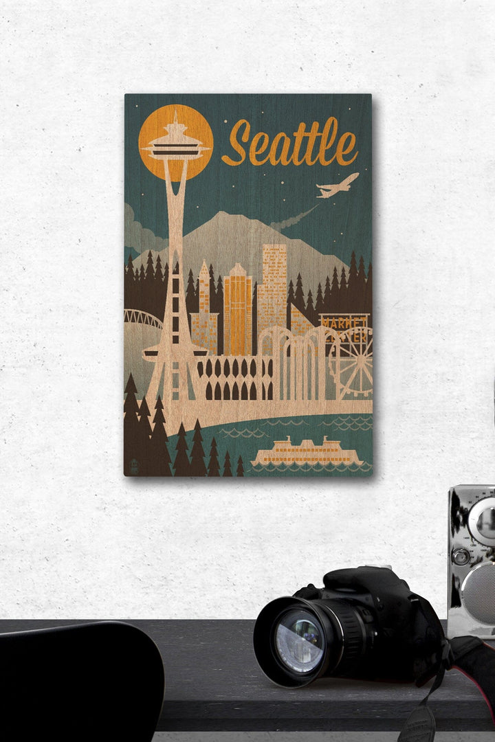 Seattle, Washington, Retro Skyline, Lantern Press Artwork, Wood Signs and Postcards Wood Lantern Press 12 x 18 Wood Gallery Print 